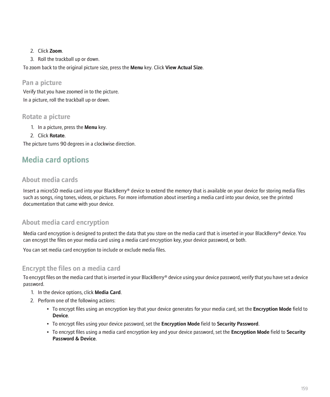 Blackberry 8120 manual Media card options, Pan a picture, About media cards, About media card encryption 