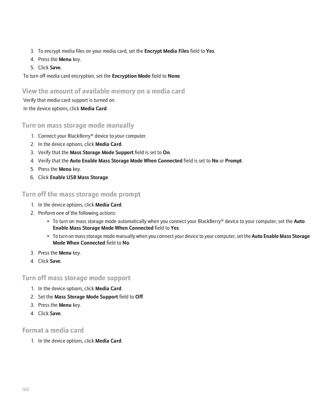 Blackberry 8120 View the amount of available memory on a media card, Turn on mass storage mode manually 