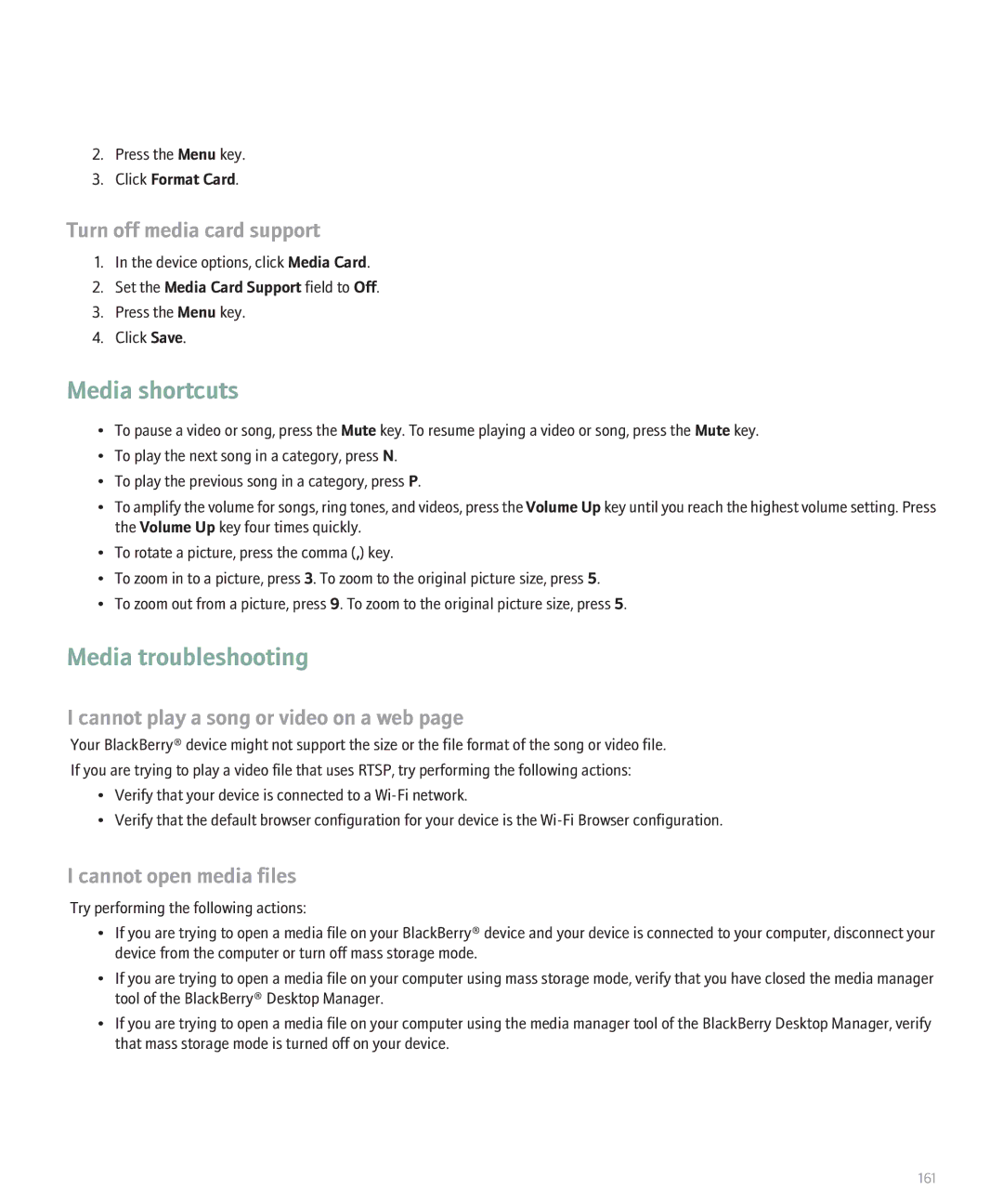 Blackberry 8120 manual Media troubleshooting, Turn off media card support, Cannot play a song or video on a web 