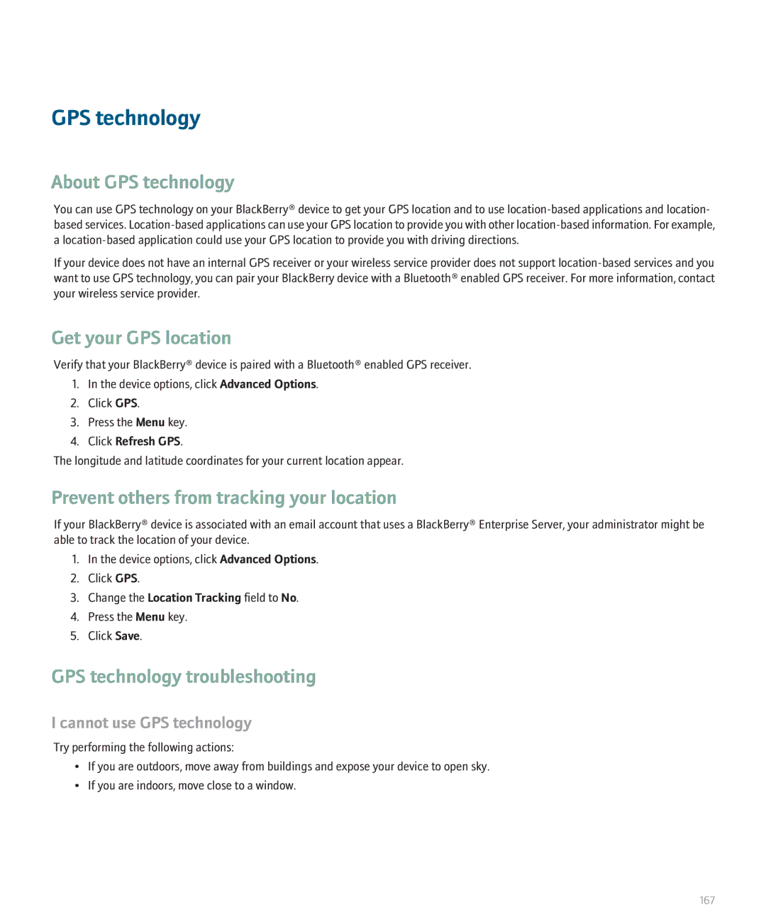 Blackberry 8120 manual About GPS technology, Get your GPS location, Prevent others from tracking your location 