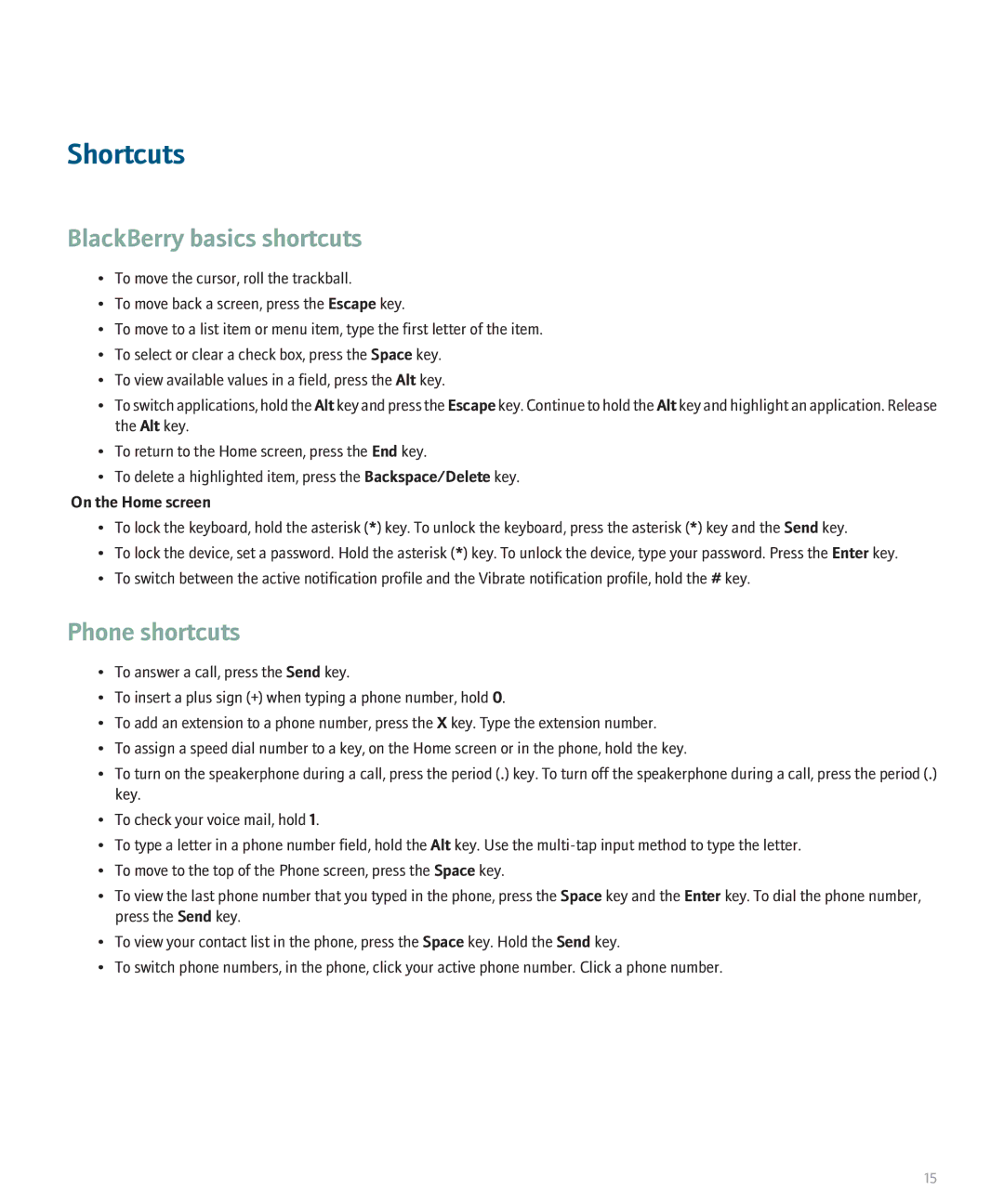 Blackberry 8120 manual Shortcuts, Phone shortcuts 