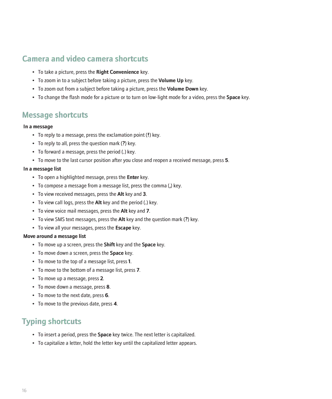 Blackberry 8120 manual Camera and video camera shortcuts, Message shortcuts, Typing shortcuts 