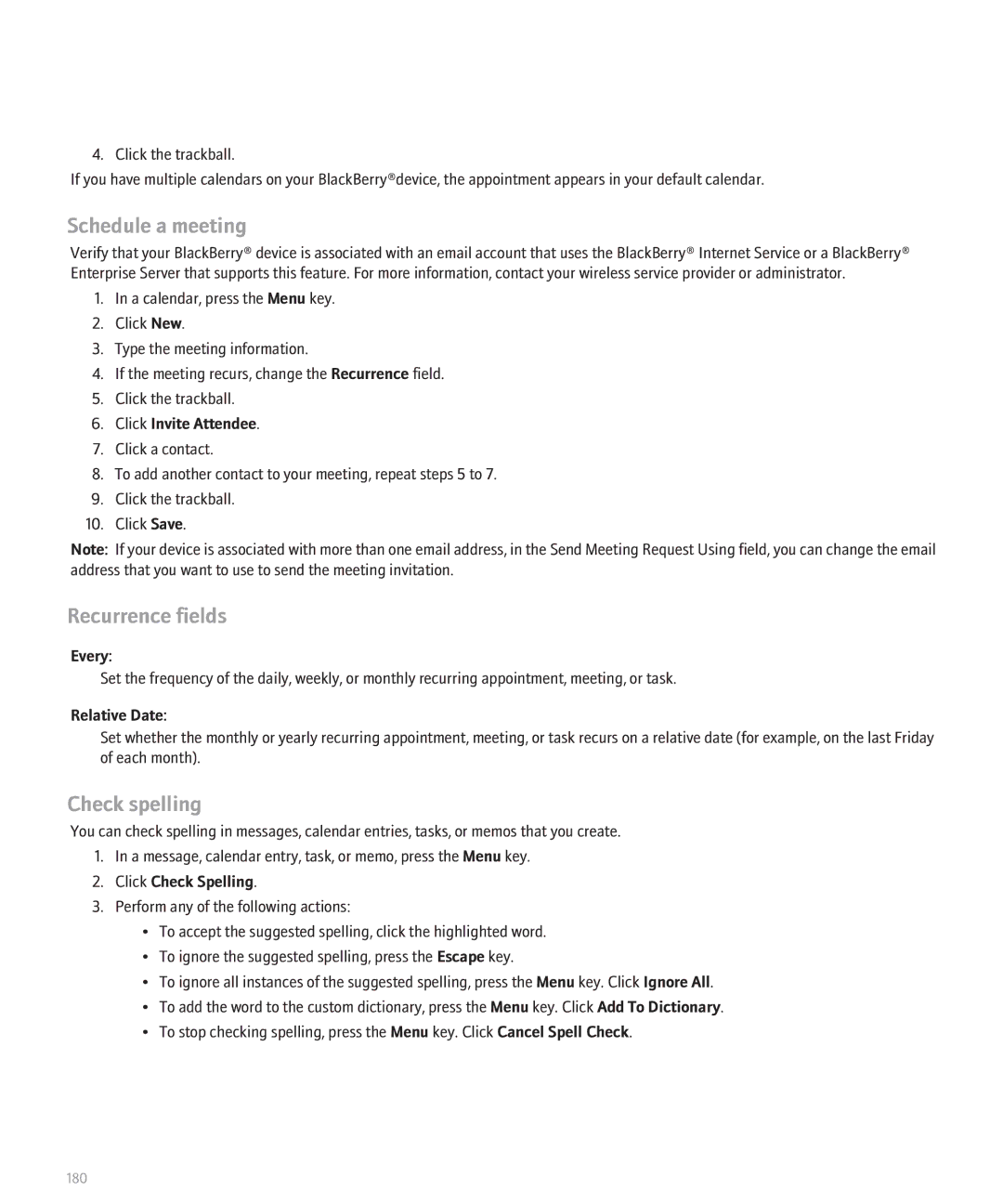 Blackberry 8120 manual Schedule a meeting, Recurrence fields, Click Invite Attendee, Every, Relative Date 