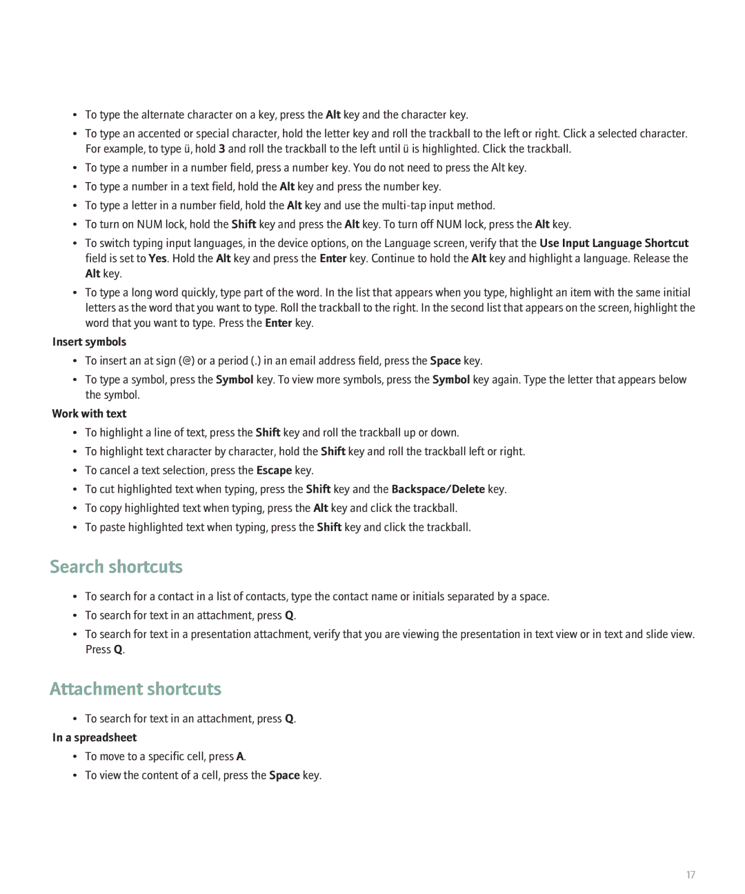 Blackberry 8120 manual Search shortcuts, Attachment shortcuts, Insert symbols, Work with text, A spreadsheet 