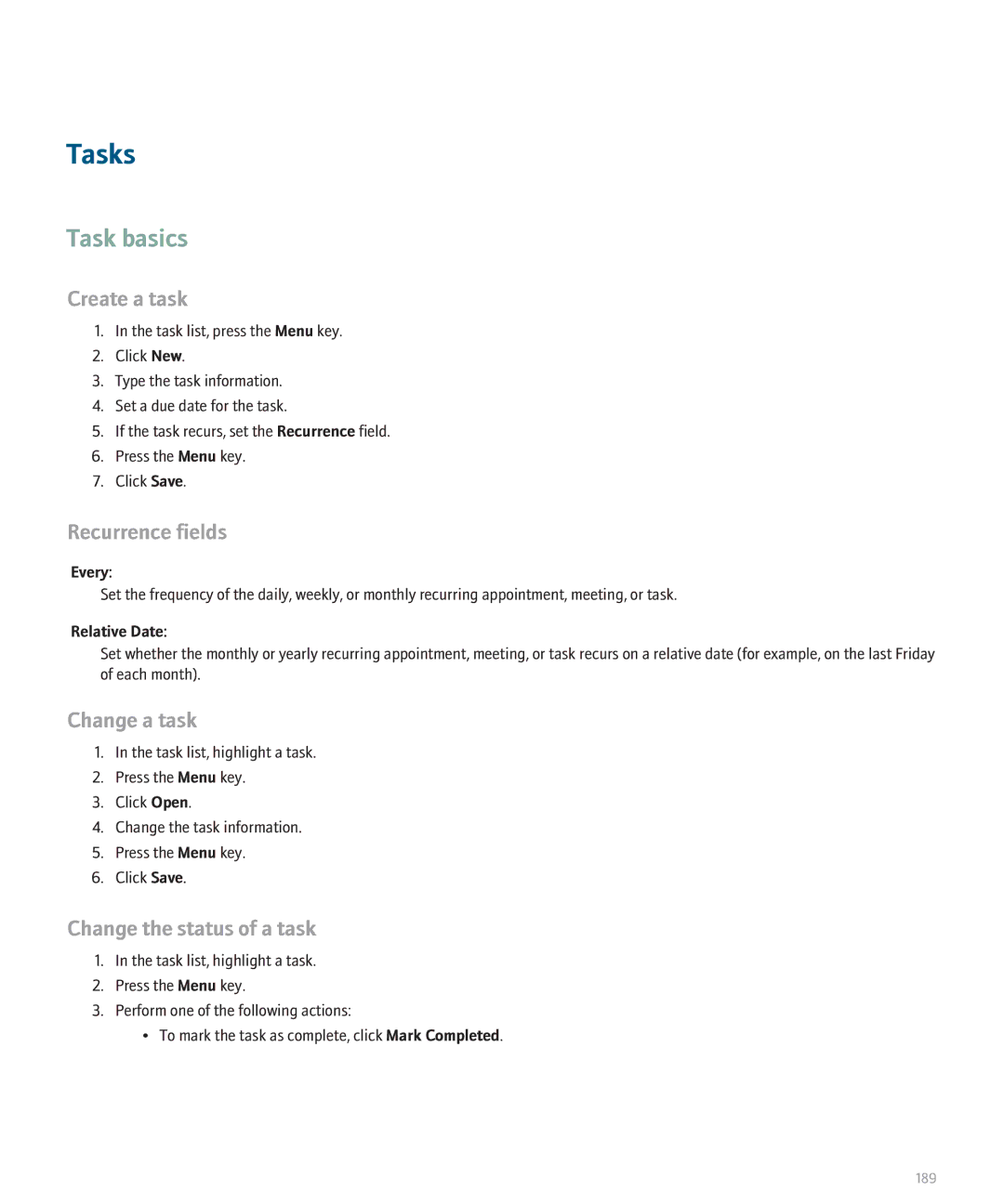 Blackberry 8120 manual Tasks, Task basics, Create a task, Change a task, Change the status of a task 