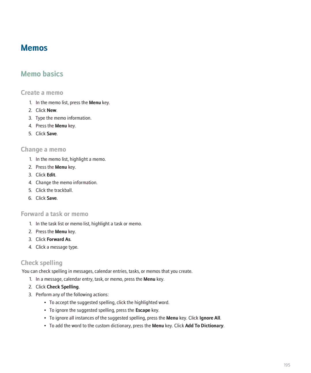 Blackberry 8120 manual Memos, Memo basics, Create a memo, Change a memo 