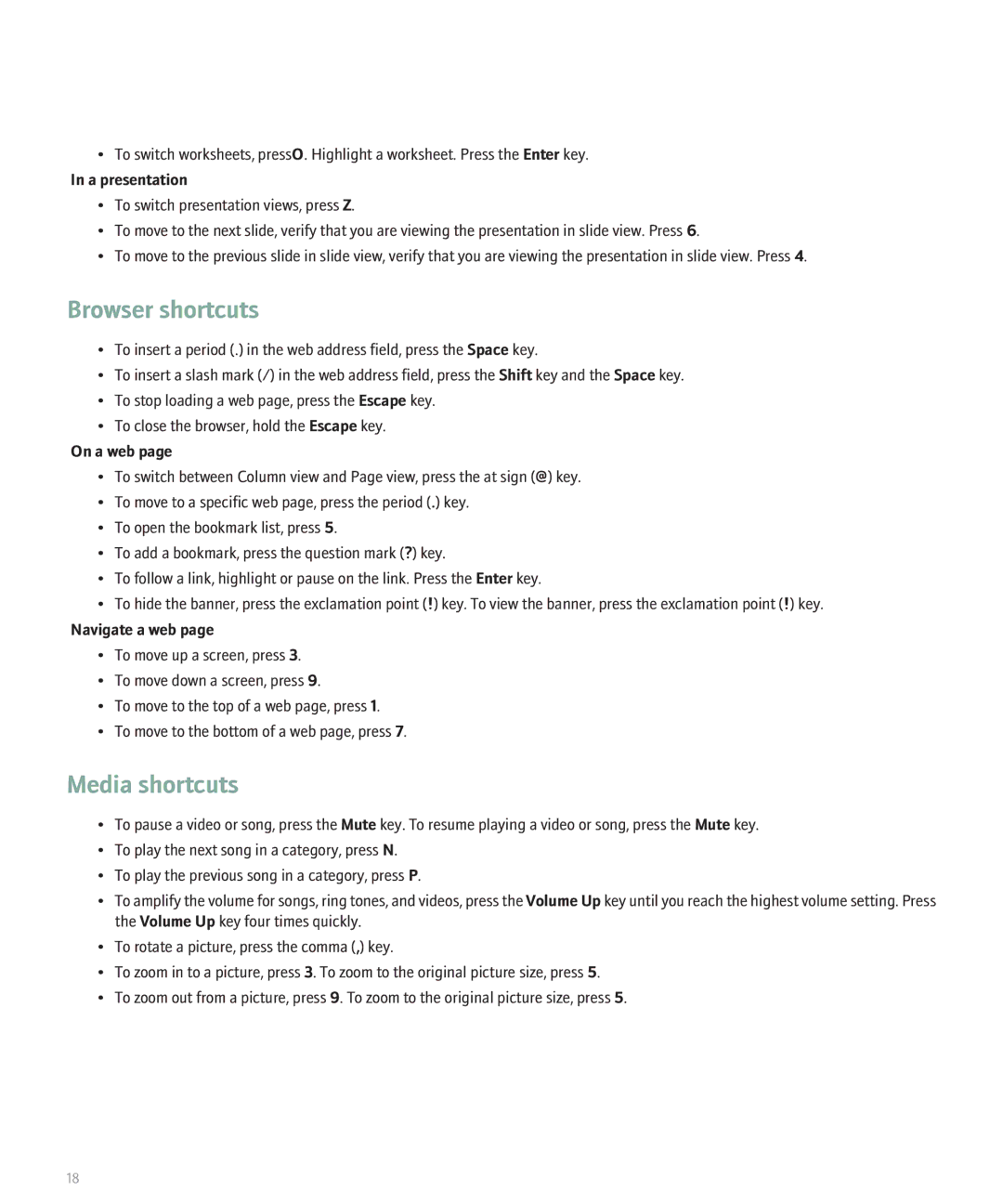 Blackberry 8120 manual Browser shortcuts, Media shortcuts, A presentation, On a web, Navigate a web 