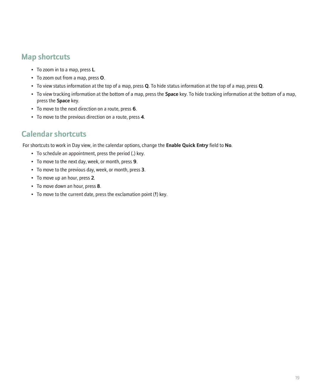 Blackberry 8120 manual Map shortcuts, Calendar shortcuts 