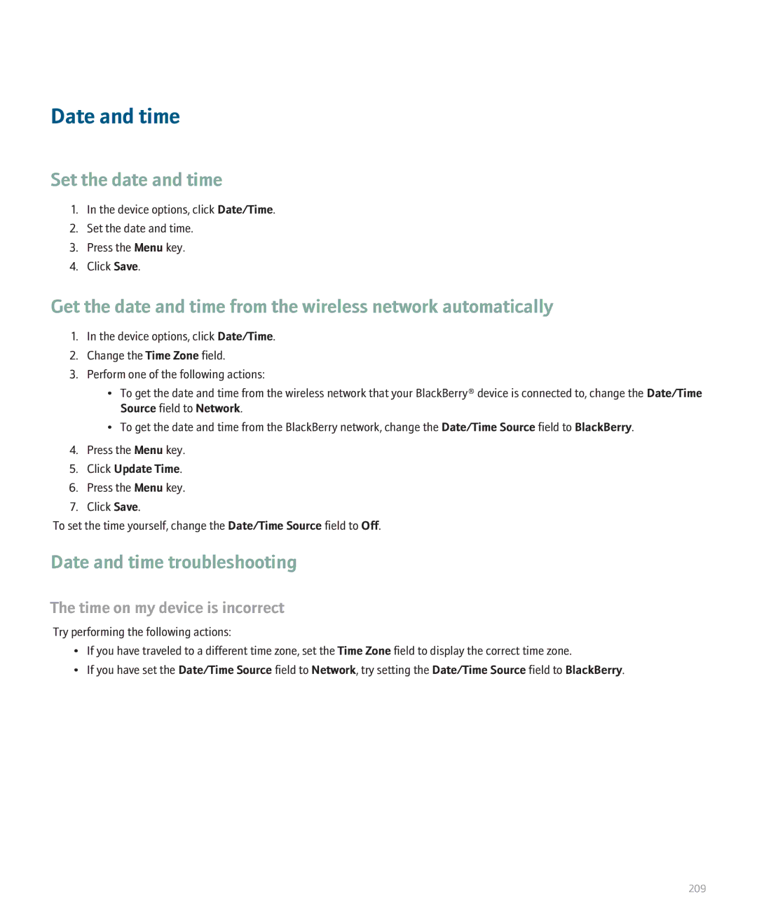 Blackberry 8120 manual Set the date and time, Date and time troubleshooting, Time on my device is incorrect 