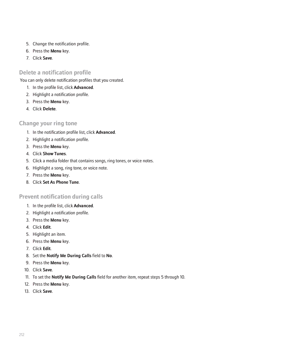 Blackberry 8120 manual Delete a notification profile, Change your ring tone, Prevent notification during calls 