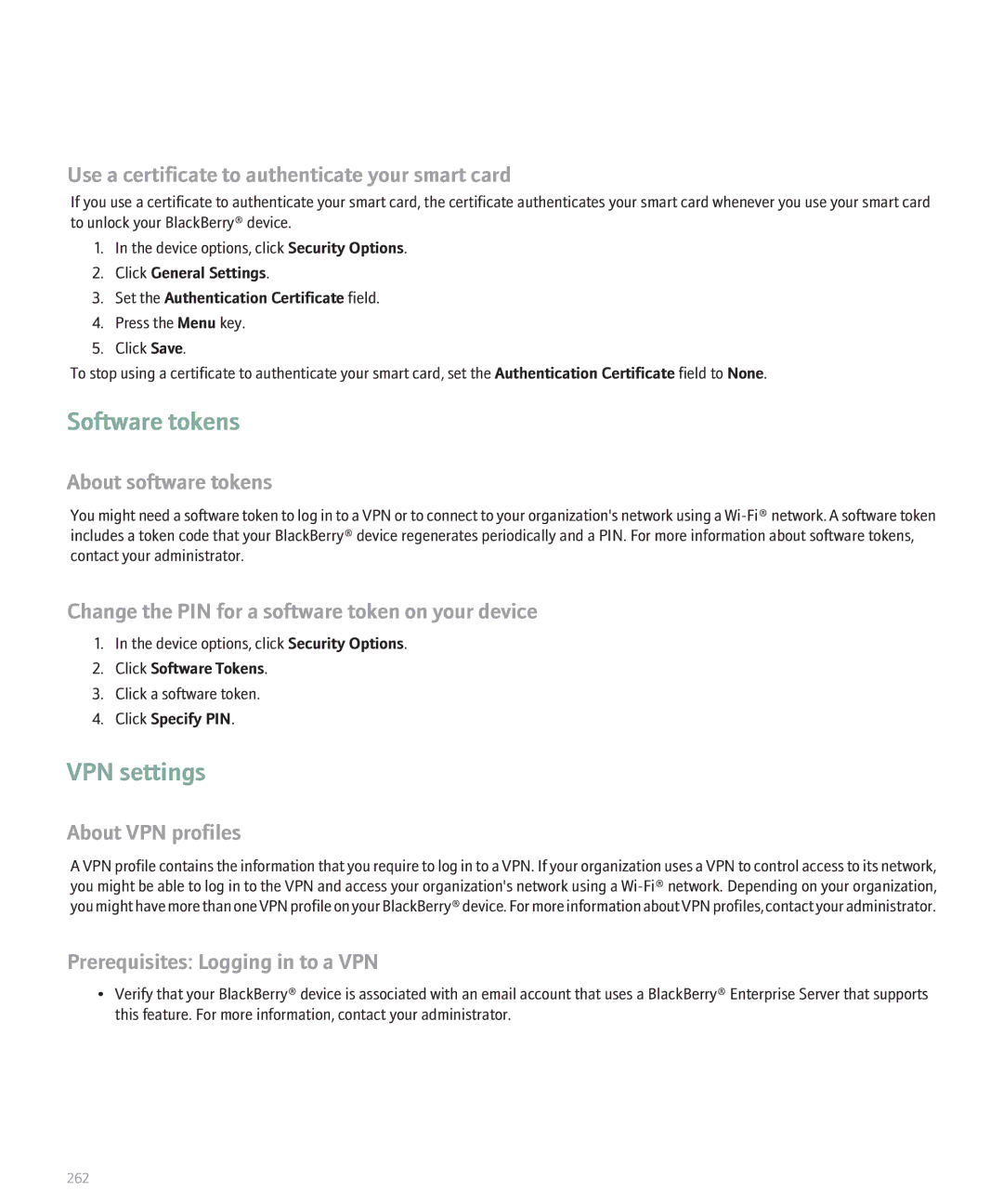 Blackberry 8120 manual Software tokens, VPN settings 