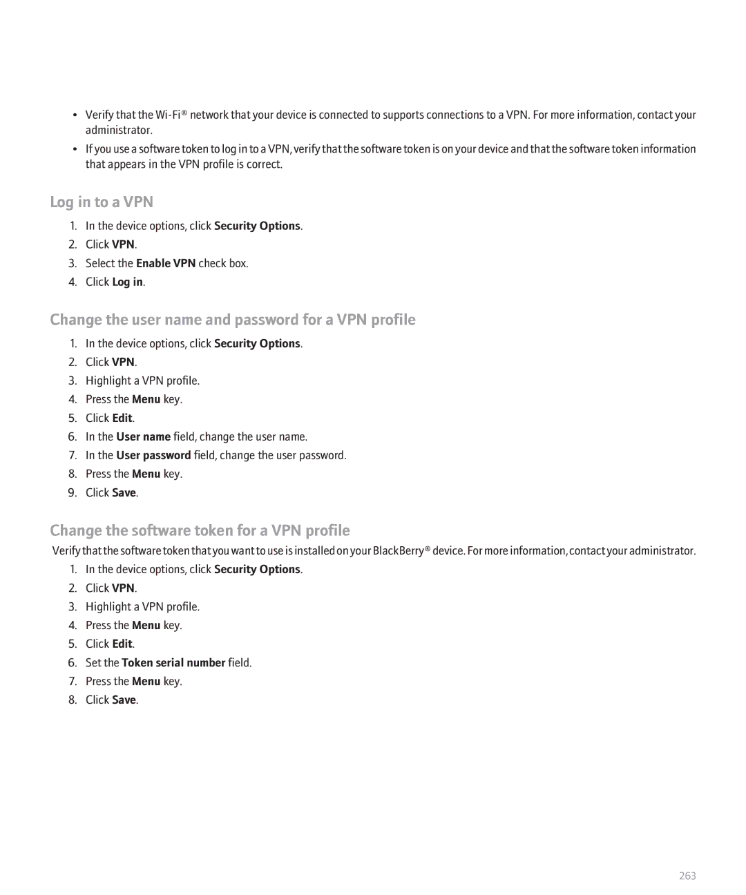 Blackberry 8120 Log in to a VPN, Change the user name and password for a VPN profile, Set the Token serial number field 