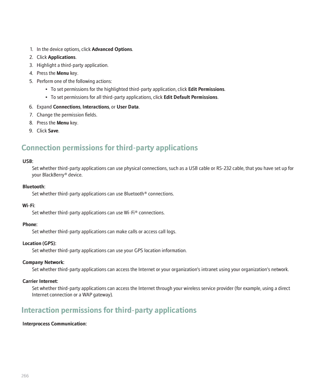 Blackberry 8120 Connection permissions for third-party applications, Interaction permissions for third-party applications 