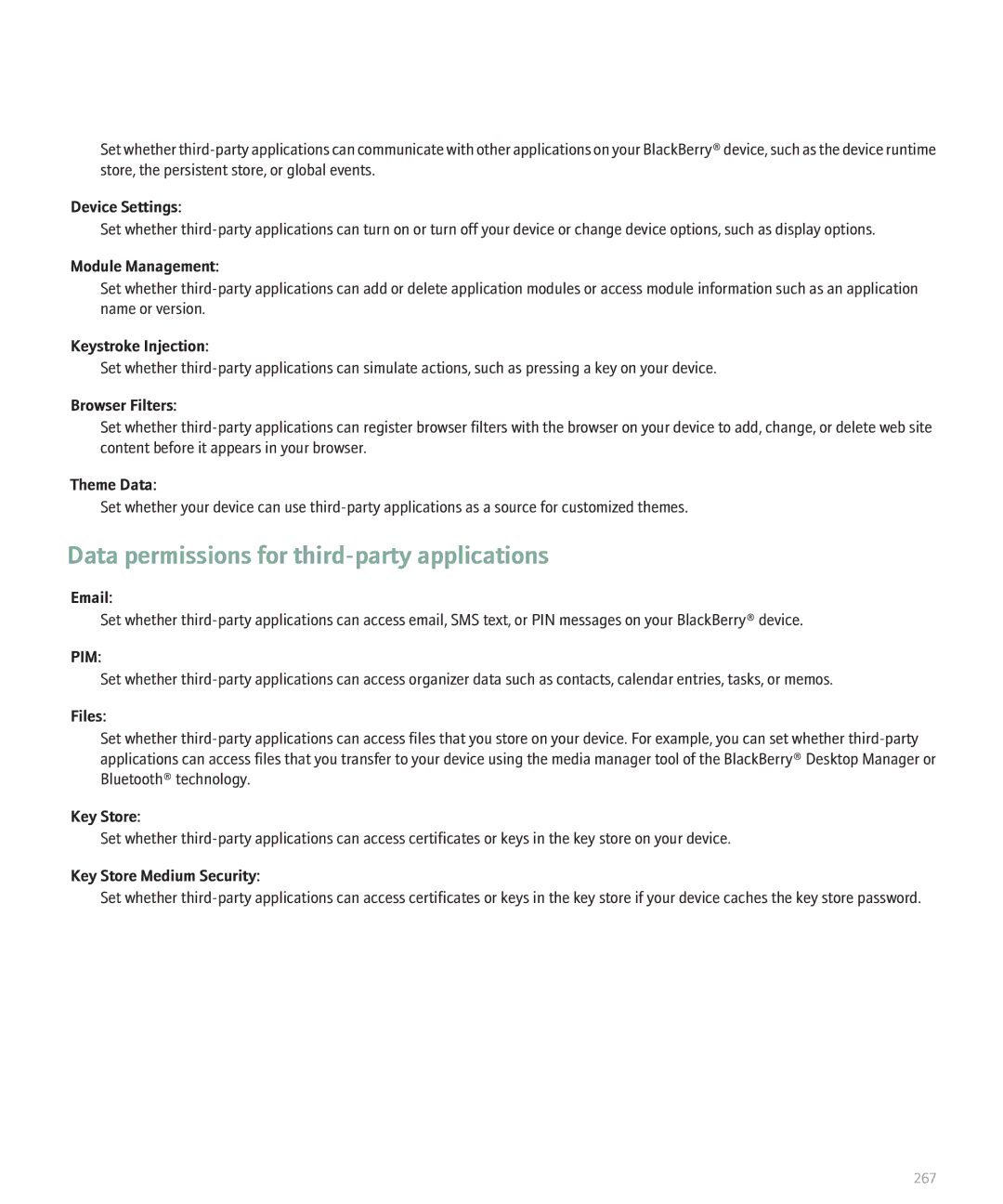 Blackberry 8120 manual Data permissions for third-party applications 