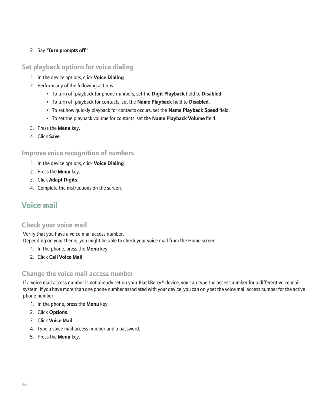 Blackberry 8120 manual Voice mail, Set playback options for voice dialing, Improve voice recognition of numbers 