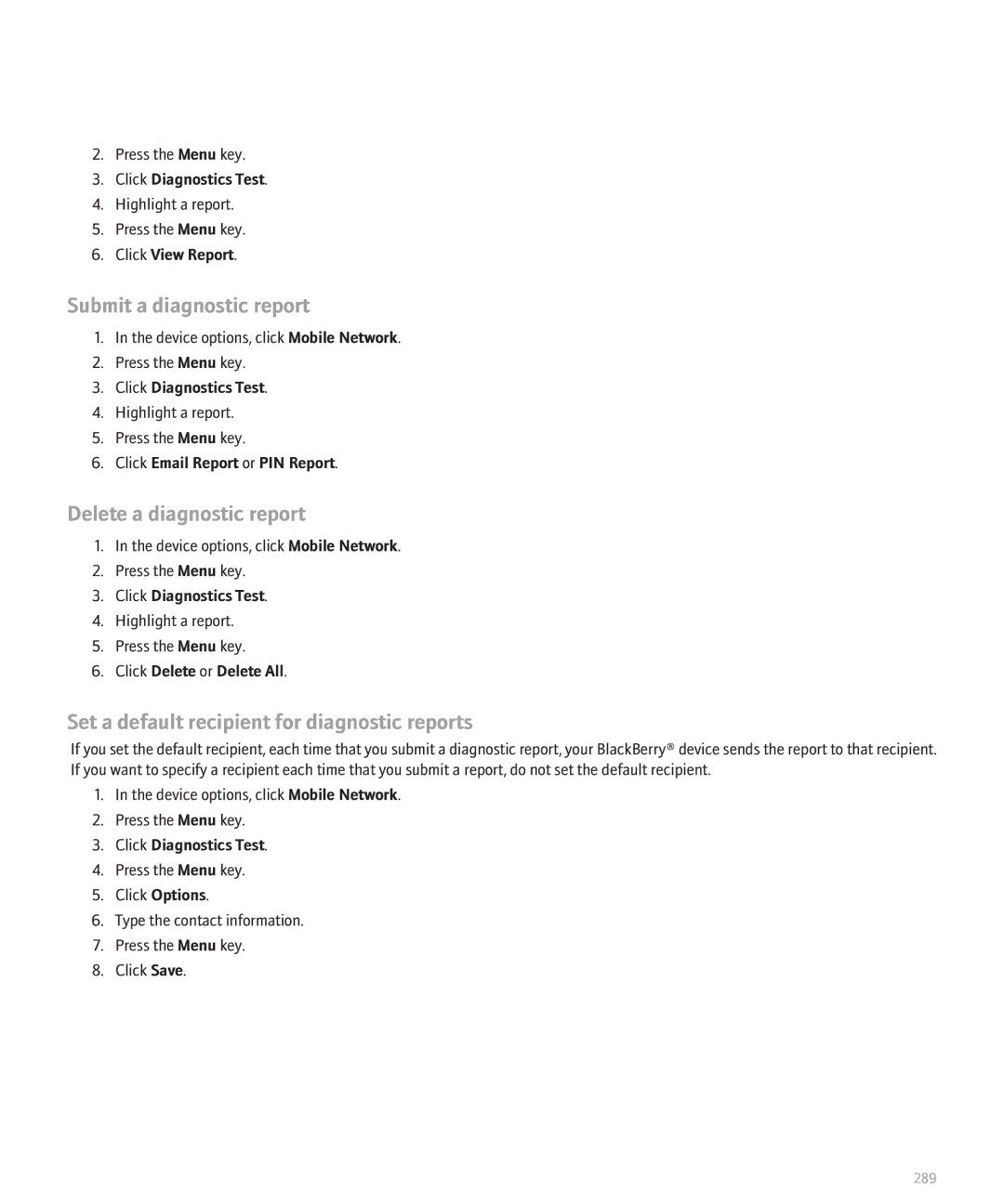 Blackberry 8120 Submit a diagnostic report, Delete a diagnostic report, Set a default recipient for diagnostic reports 