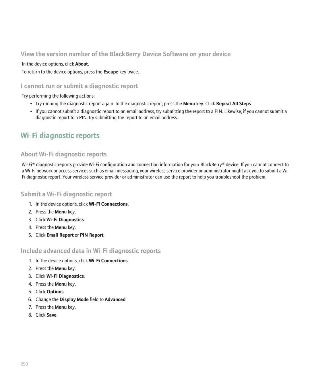 Blackberry 8120 manual Cannot run or submit a diagnostic report, About Wi-Fi diagnostic reports 