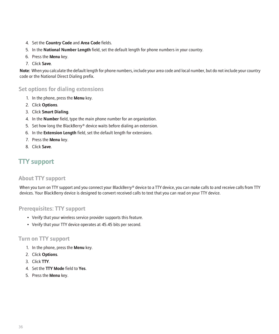 Blackberry 8120 Set options for dialing extensions, About TTY support, Prerequisites TTY support, Turn on TTY support 