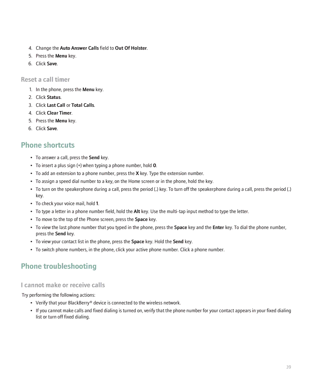 Blackberry 8120 manual Phone troubleshooting, Reset a call timer, Cannot make or receive calls 