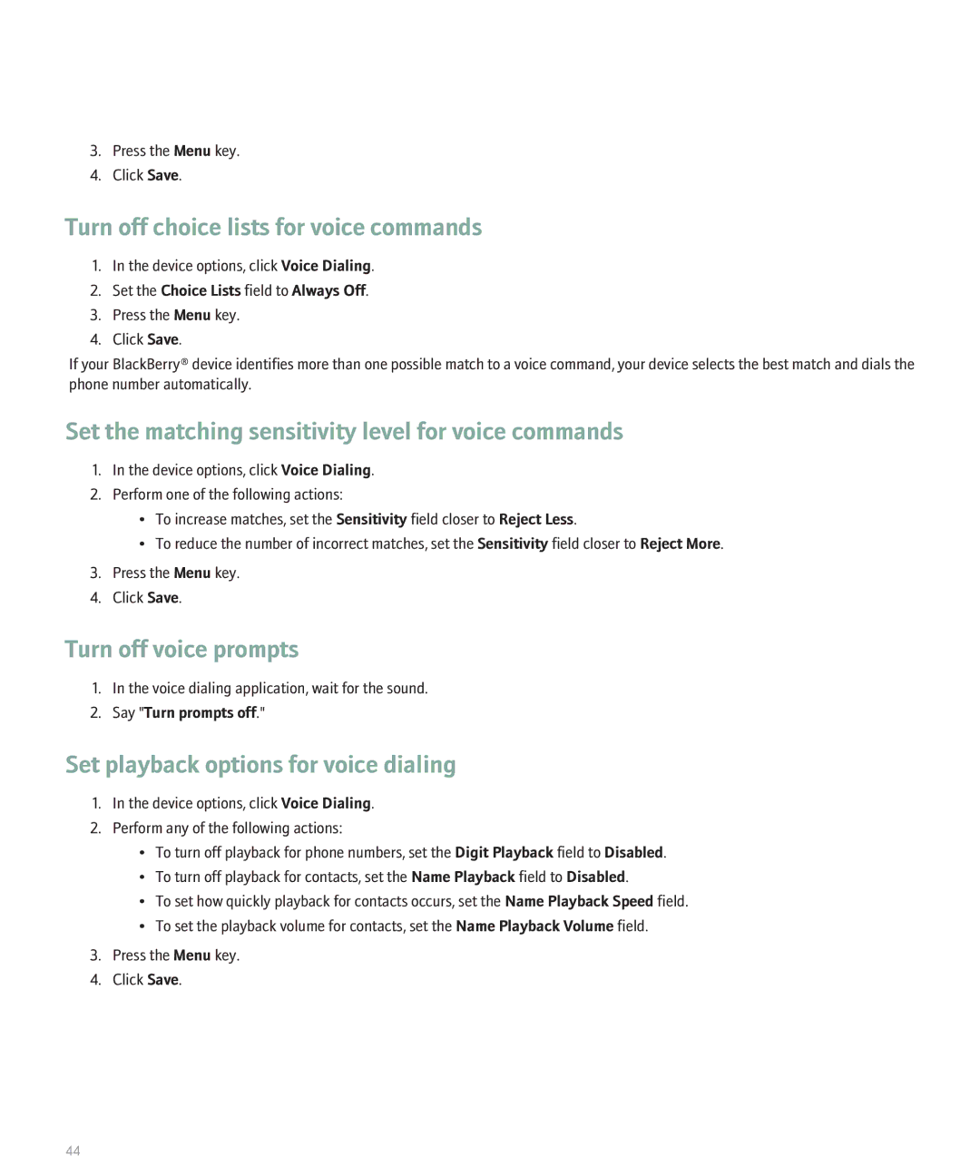 Blackberry 8120 manual Turn off choice lists for voice commands, Set the matching sensitivity level for voice commands 