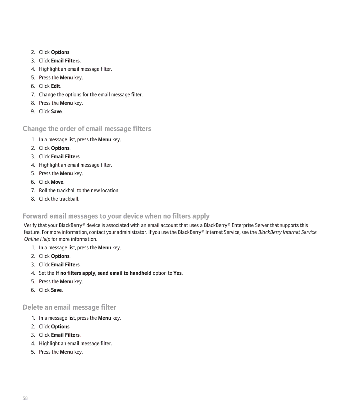 Blackberry 8120 Change the order of email message filters, Forward email messages to your device when no filters apply 