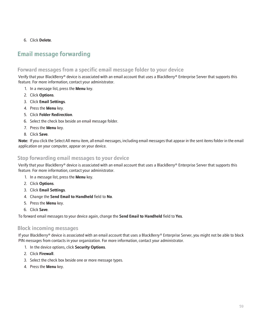 Blackberry 8120 manual Email message forwarding, Stop forwarding email messages to your device, Block incoming messages 