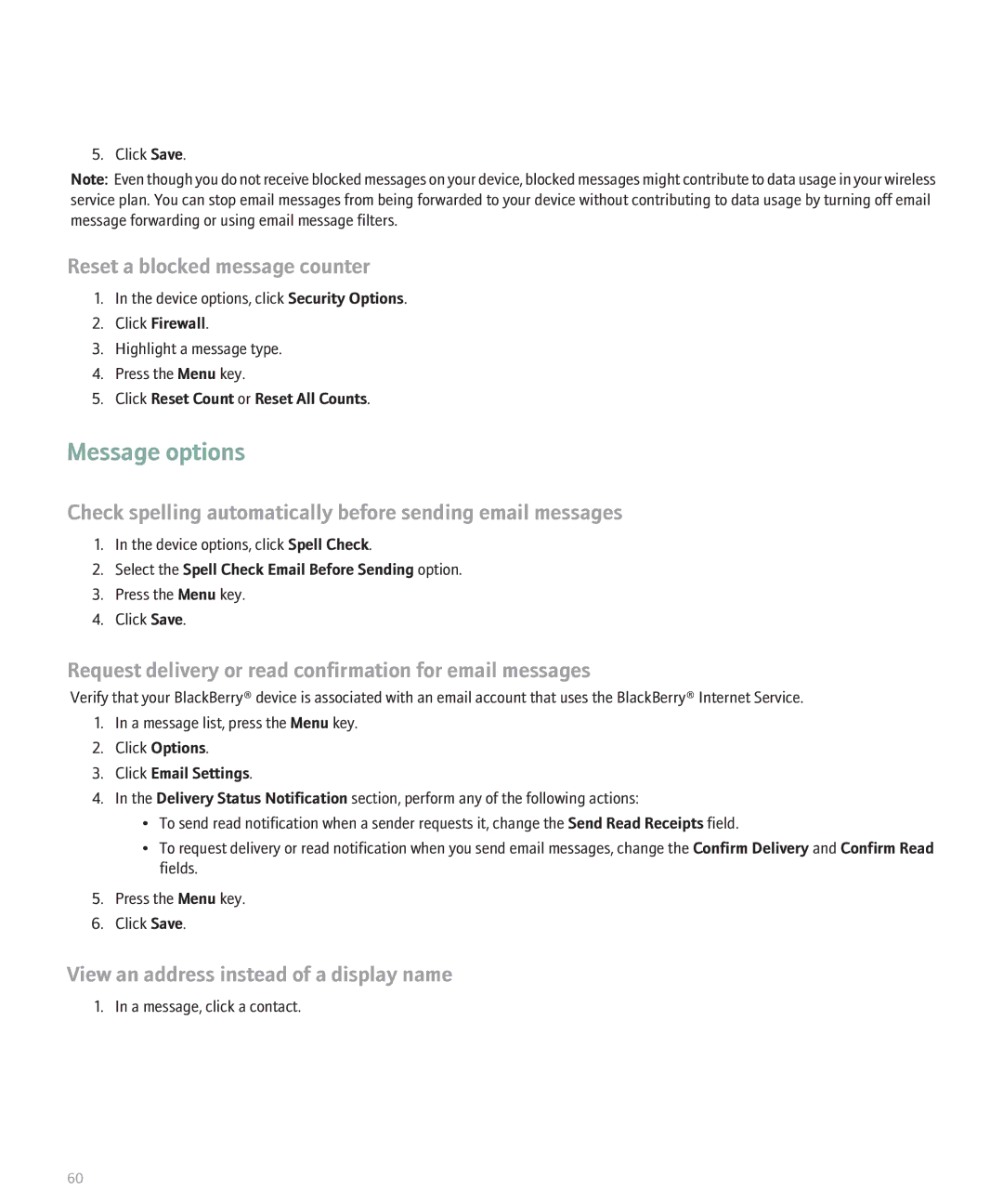 Blackberry 8120 Message options, Reset a blocked message counter, Request delivery or read confirmation for email messages 