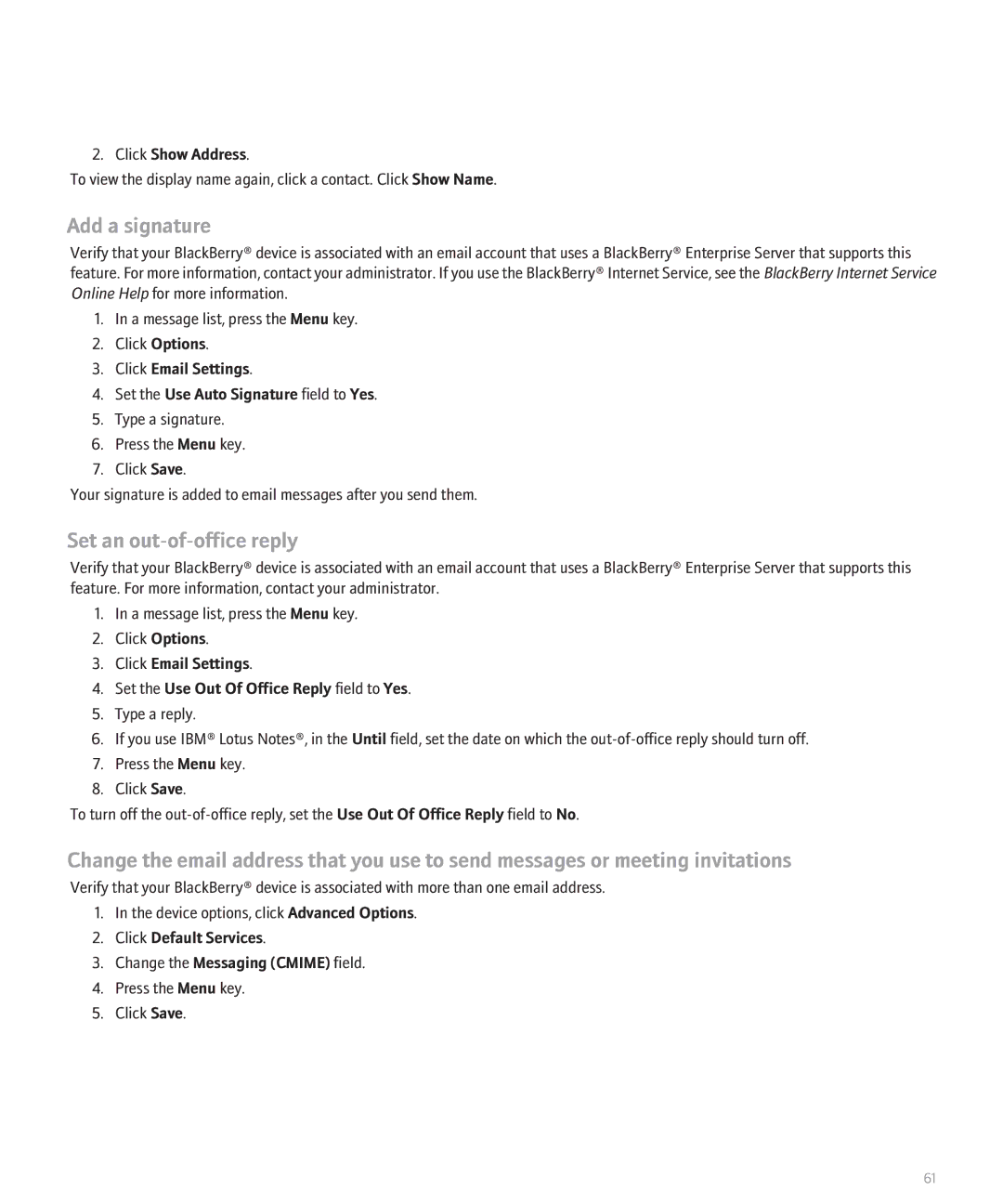 Blackberry 8120 manual Add a signature, Set an out-of-office reply, Click Show Address 