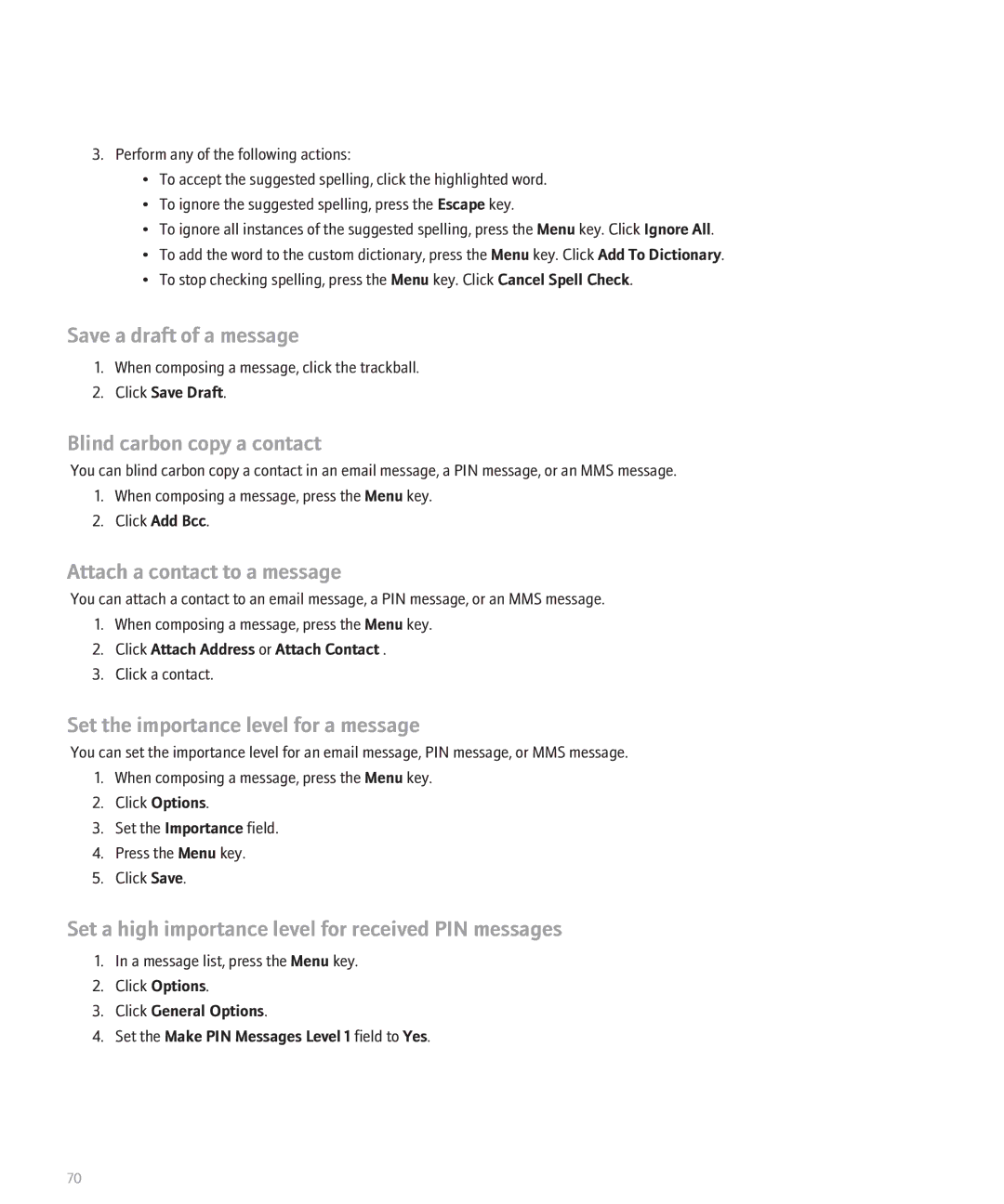 Blackberry 8120 manual Save a draft of a message, Set a high importance level for received PIN messages 