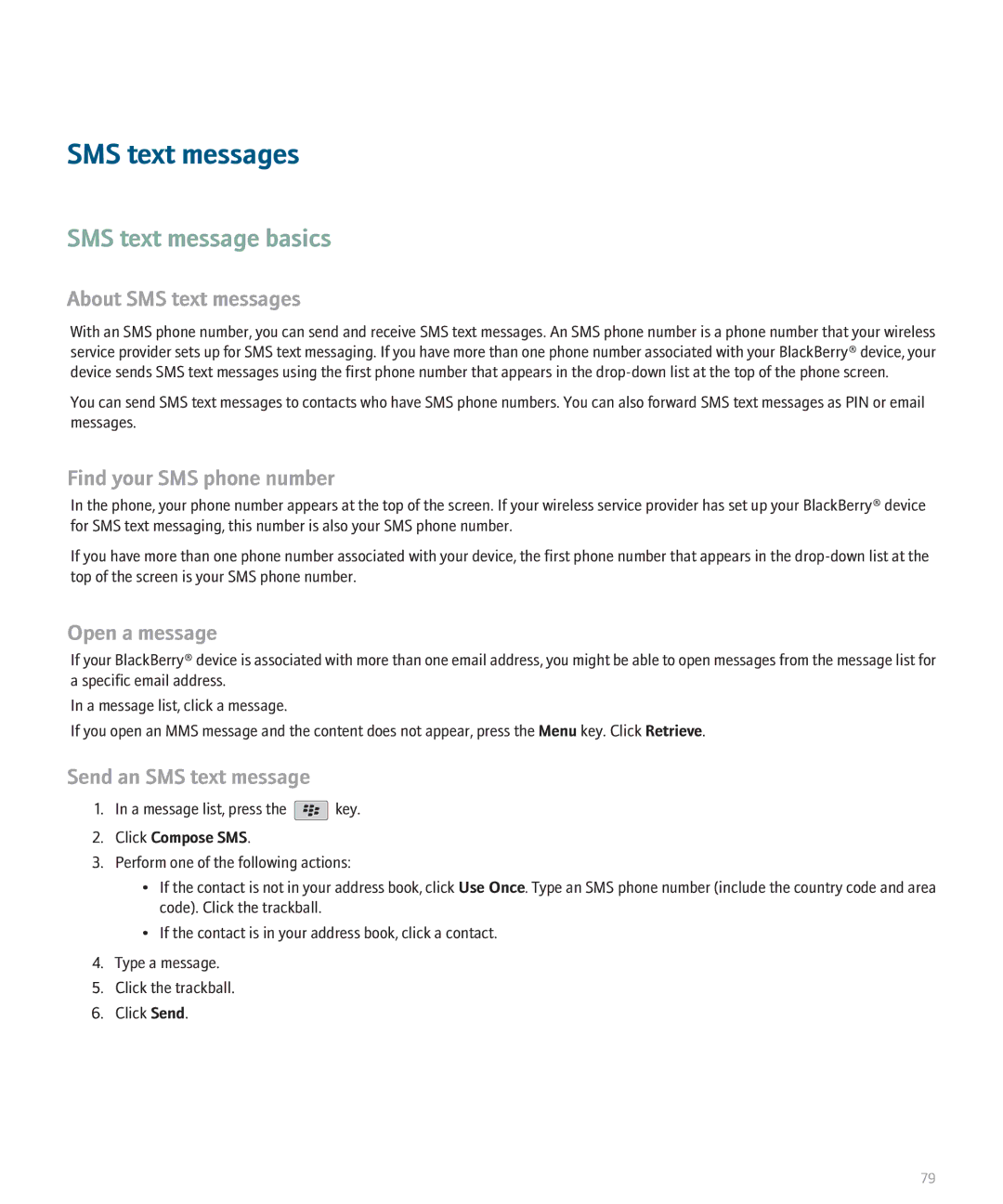 Blackberry 8120 SMS text message basics, About SMS text messages, Find your SMS phone number, Send an SMS text message 