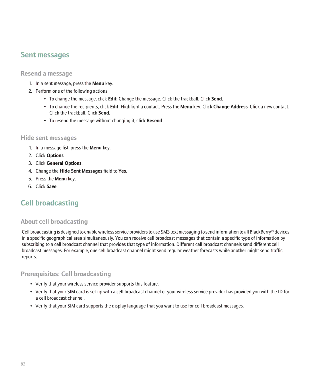 Blackberry 8120 manual About cell broadcasting, Prerequisites Cell broadcasting 