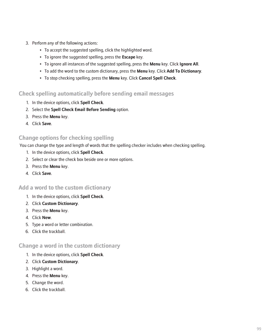 Blackberry 8130 manual Change options for checking spelling, Add a word to the custom dictionary, Click Custom Dictionary 