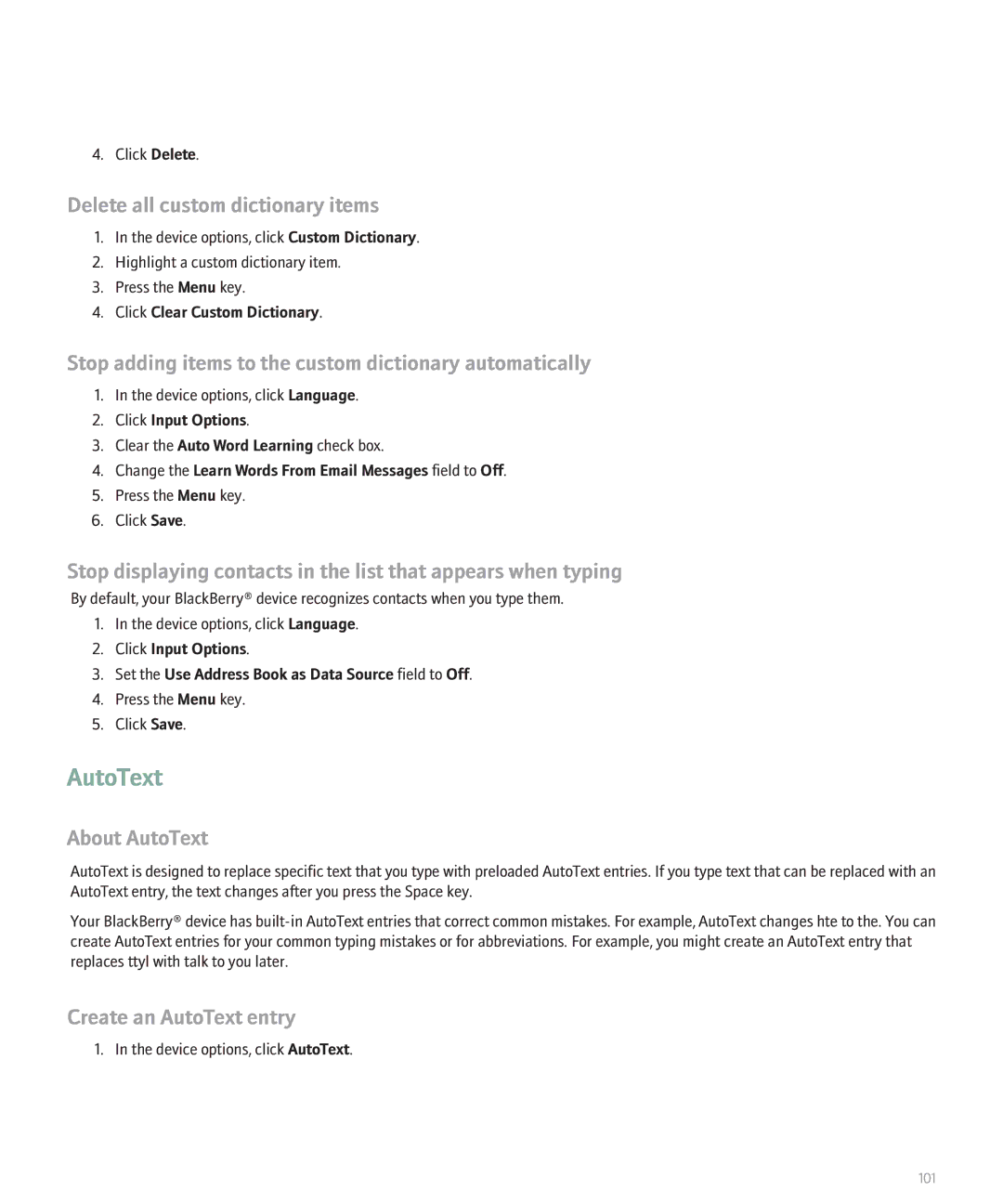 Blackberry 8130 AutoText, Delete all custom dictionary items, Stop adding items to the custom dictionary automatically 