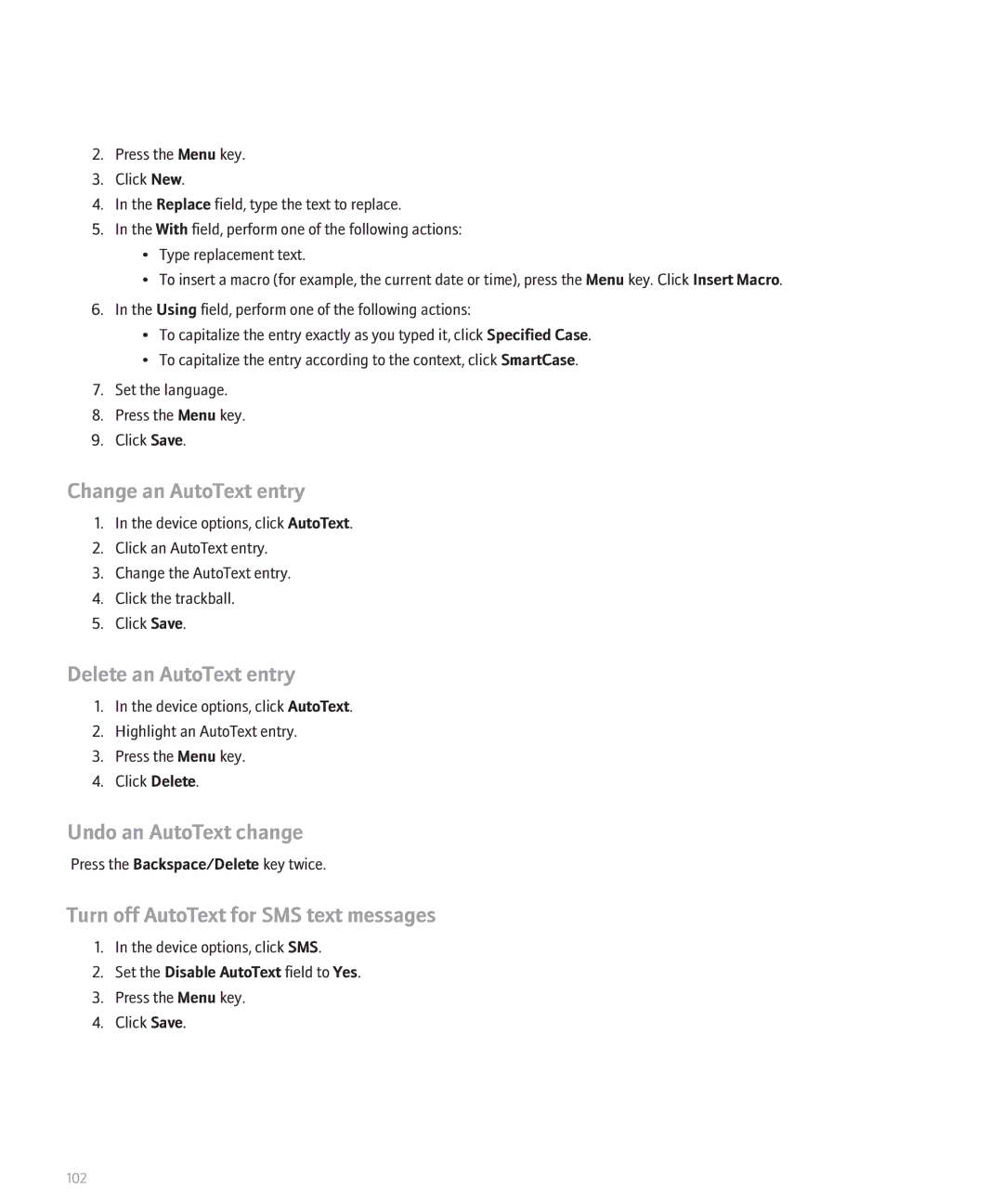 Blackberry 8130 manual Change an AutoText entry, Delete an AutoText entry, Undo an AutoText change 