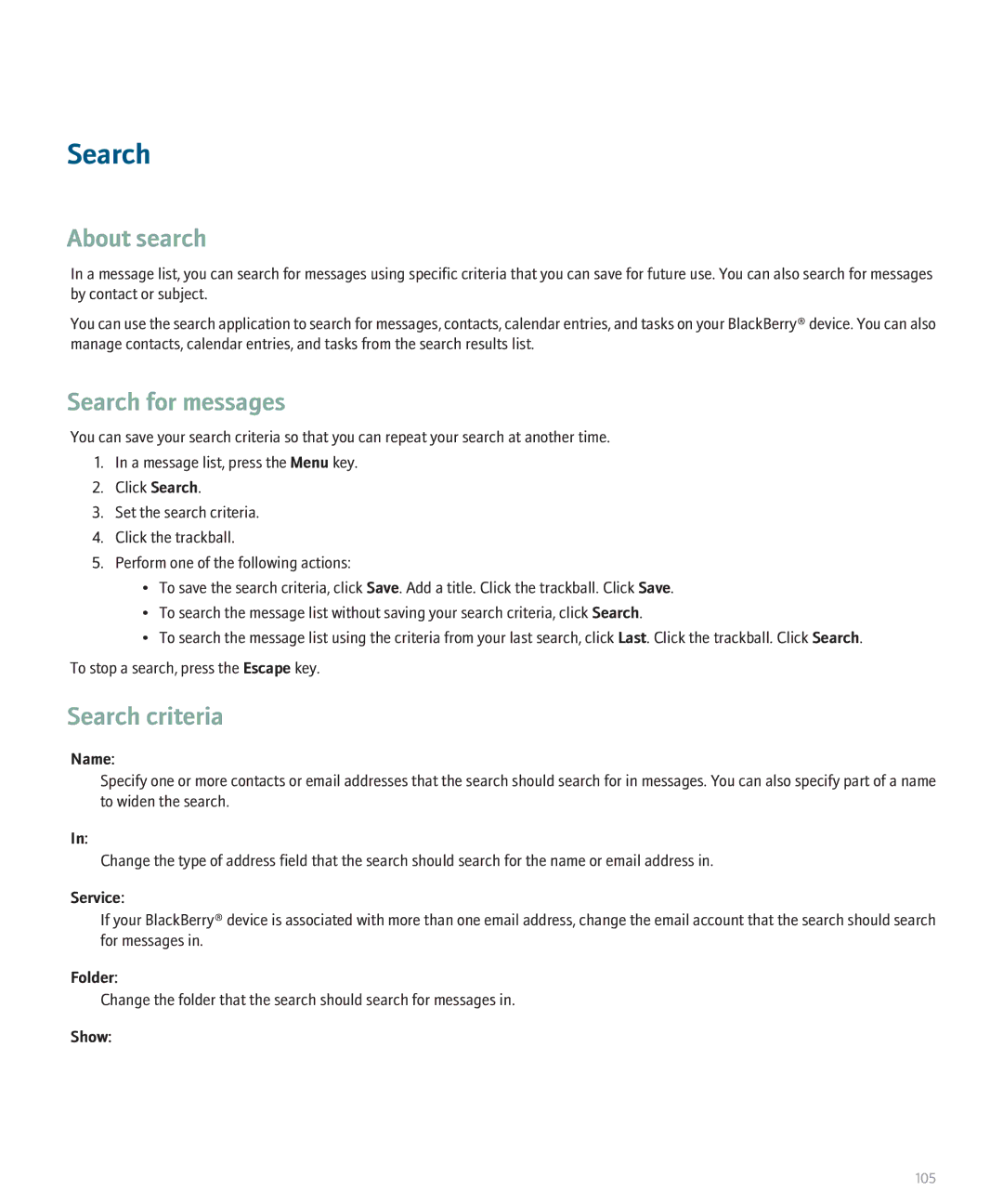 Blackberry 8130 manual About search, Search for messages, Search criteria 