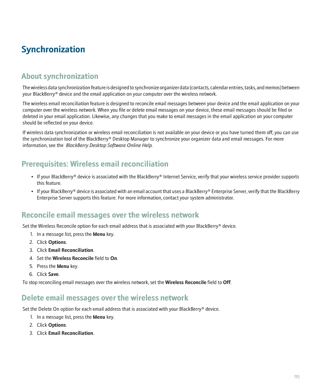 Blackberry 8130 manual Synchronization, About synchronization, Prerequisites Wireless email reconciliation 