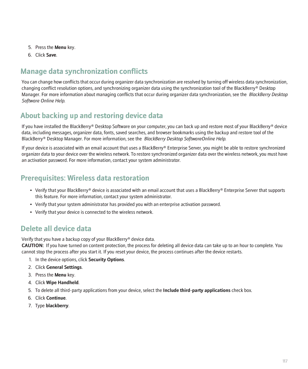 Blackberry 8130 Manage data synchronization conflicts, About backing up and restoring device data, Delete all device data 