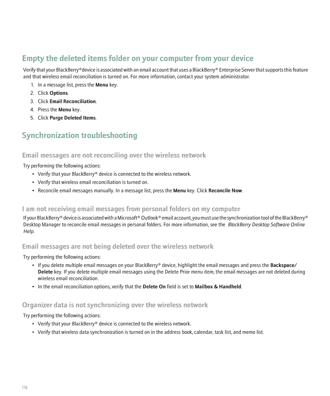 Blackberry 8130 manual Synchronization troubleshooting, Click Purge Deleted Items 