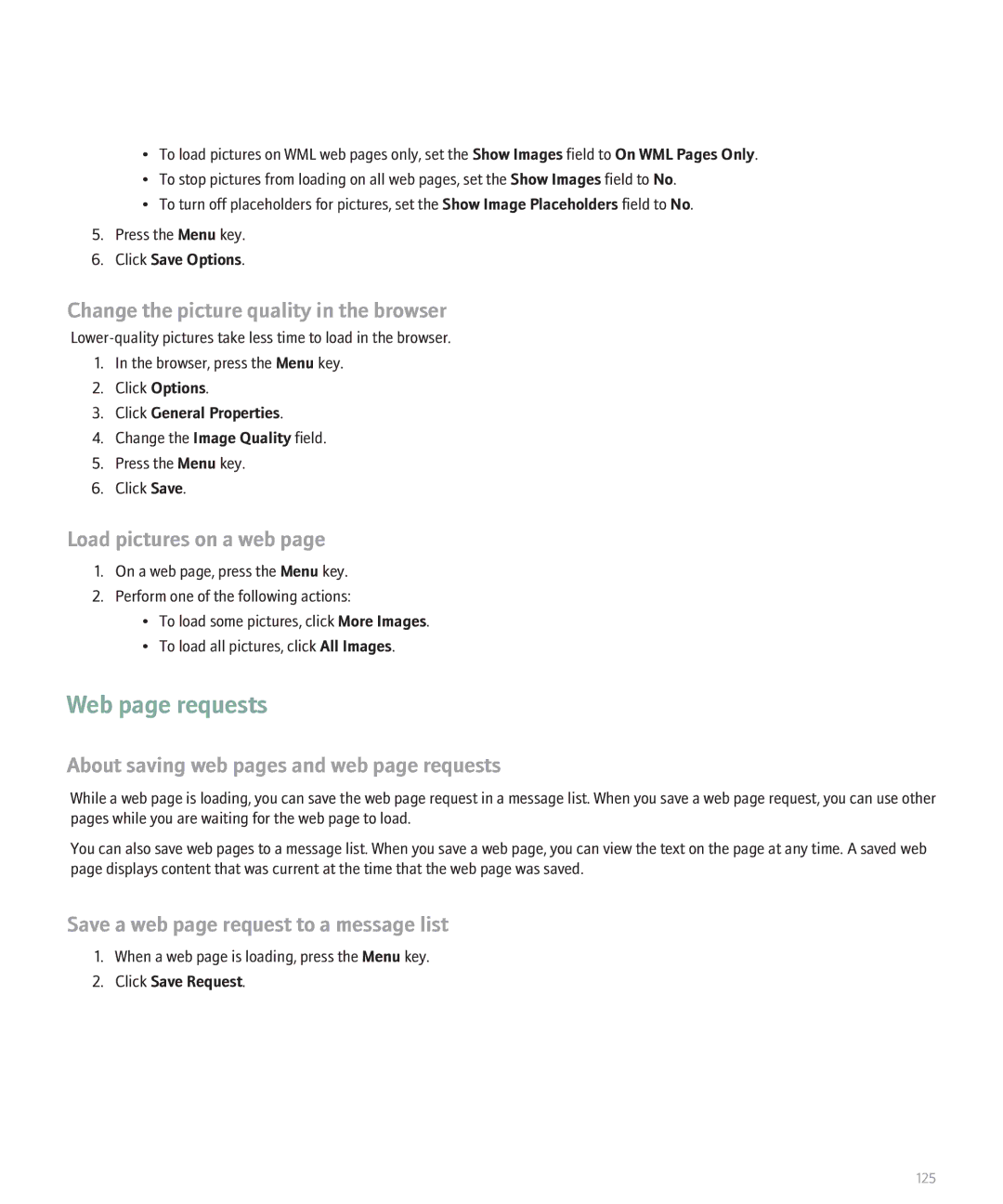 Blackberry 8130 manual Web page requests, Change the picture quality in the browser, Load pictures on a web 