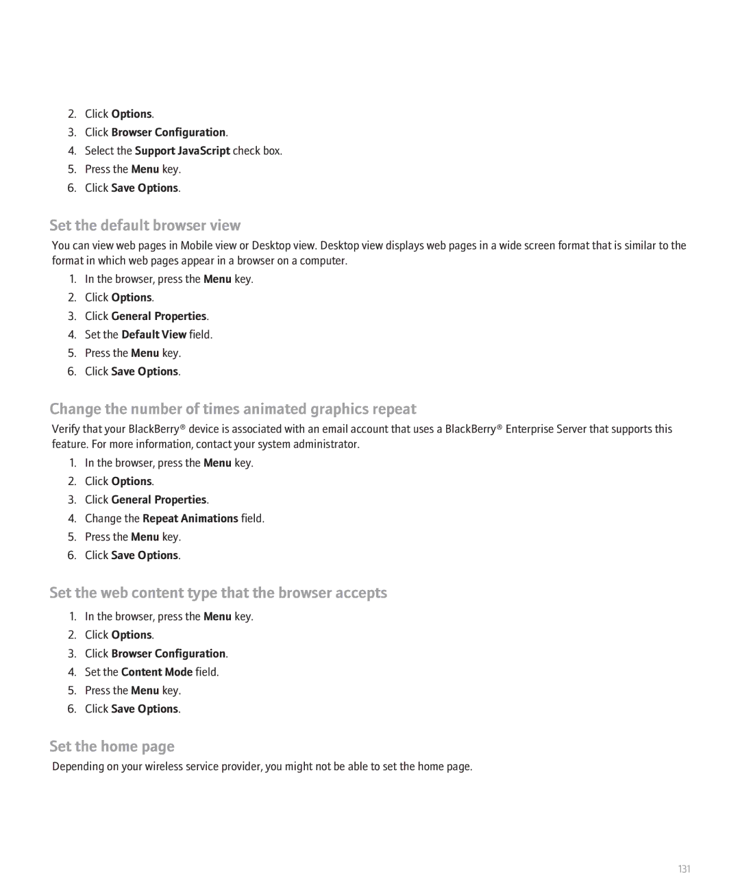 Blackberry 8130 manual Set the default browser view, Change the number of times animated graphics repeat, Set the home 