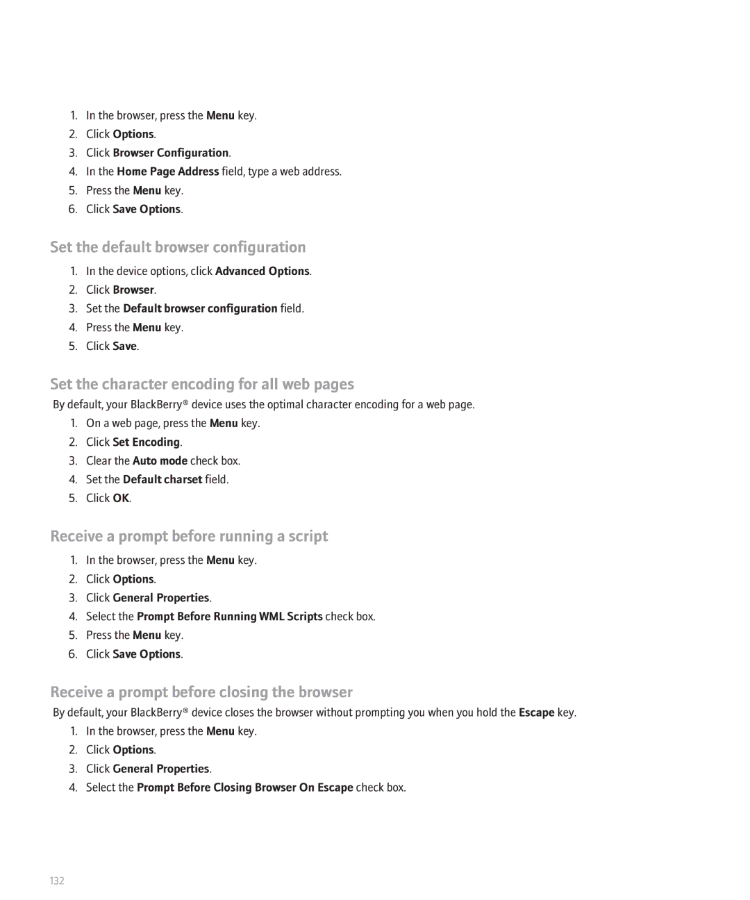 Blackberry 8130 manual Set the default browser configuration, Set the character encoding for all web pages 