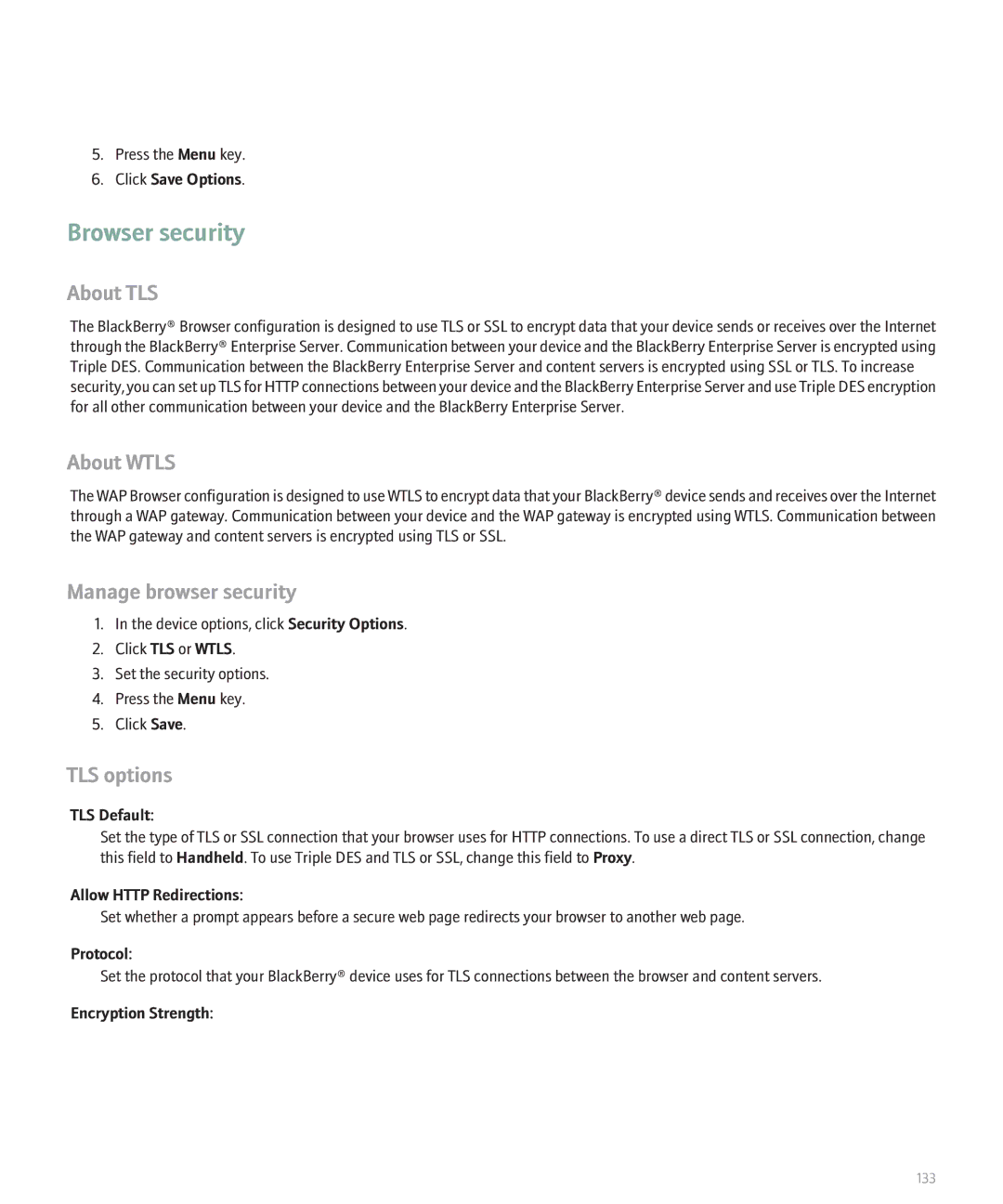 Blackberry 8130 manual Browser security, About TLS, About Wtls, Manage browser security, TLS options 