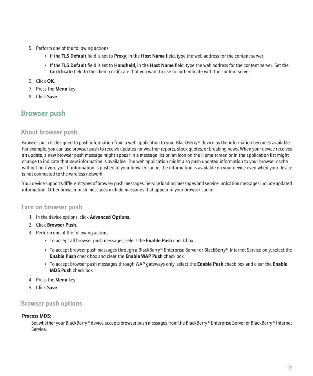 Blackberry 8130 manual About browser push, Turn on browser push, Browser push options 
