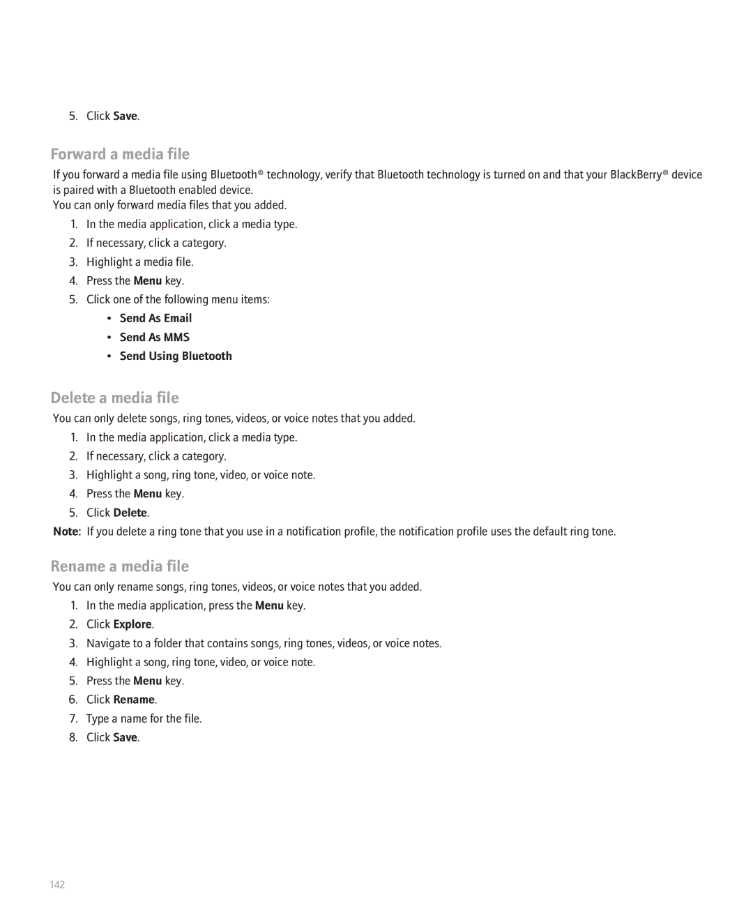 Blackberry 8130 manual Forward a media file, Delete a media file, Rename a media file 