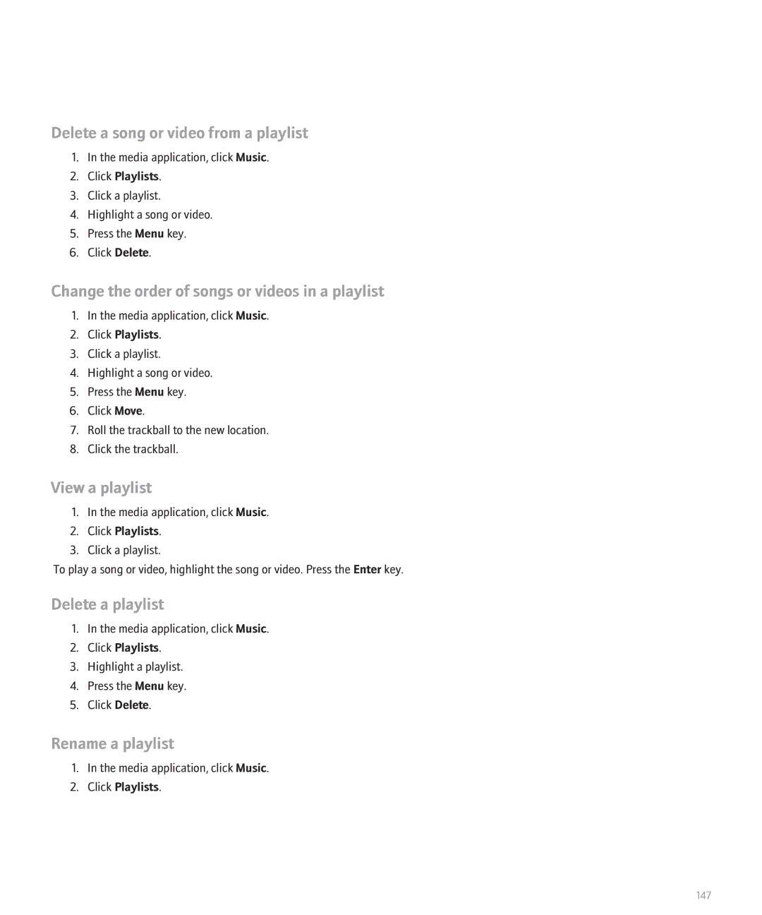 Blackberry 8130 Delete a song or video from a playlist, Change the order of songs or videos in a playlist, View a playlist 