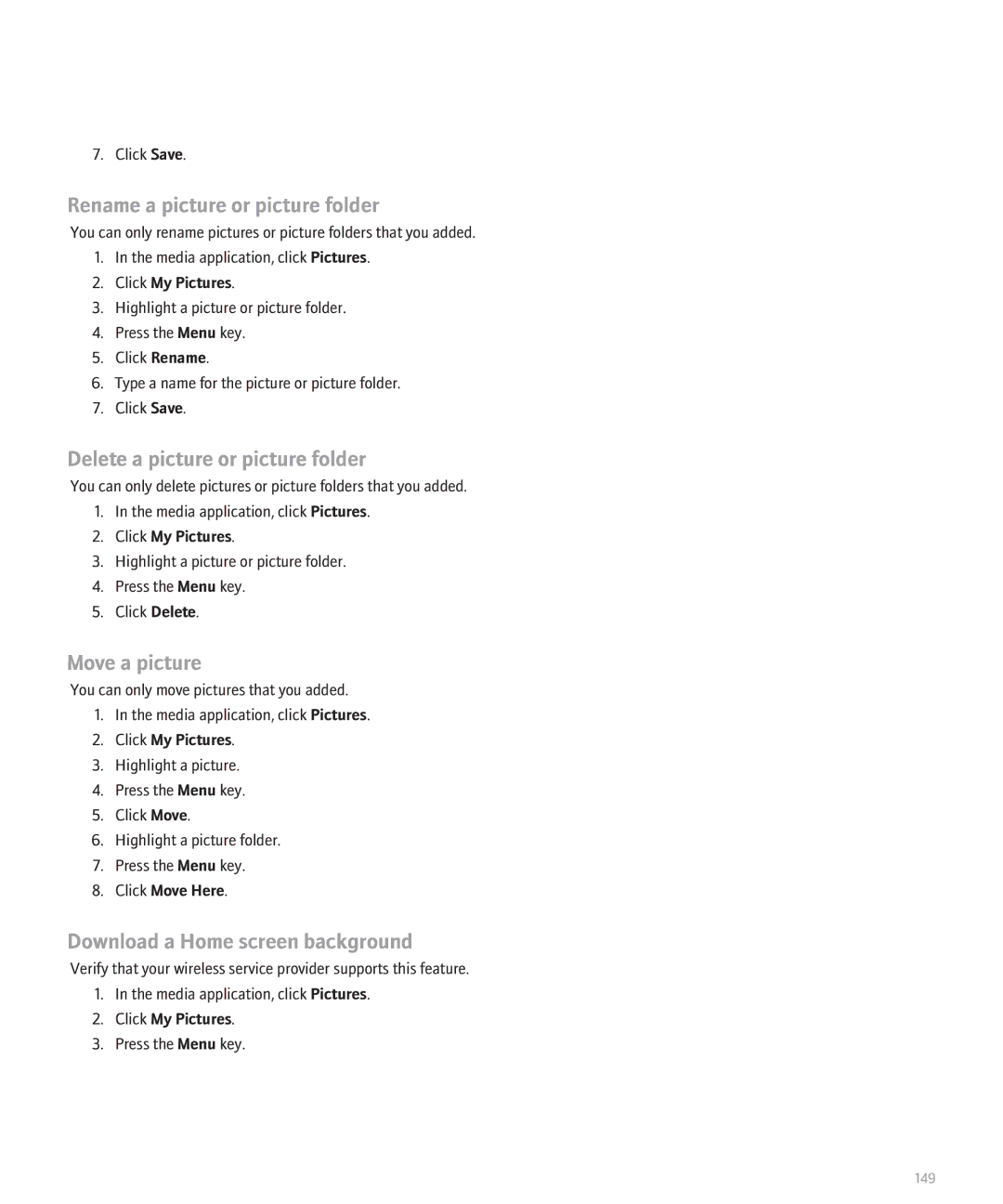 Blackberry 8130 manual Rename a picture or picture folder, Delete a picture or picture folder, Move a picture 