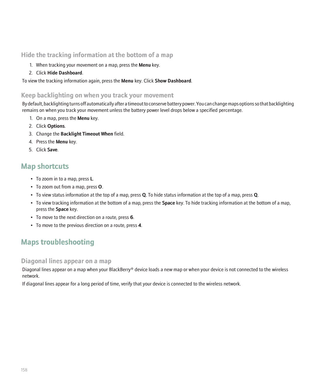 Blackberry 8130 Maps troubleshooting, Hide the tracking information at the bottom of a map, Diagonal lines appear on a map 