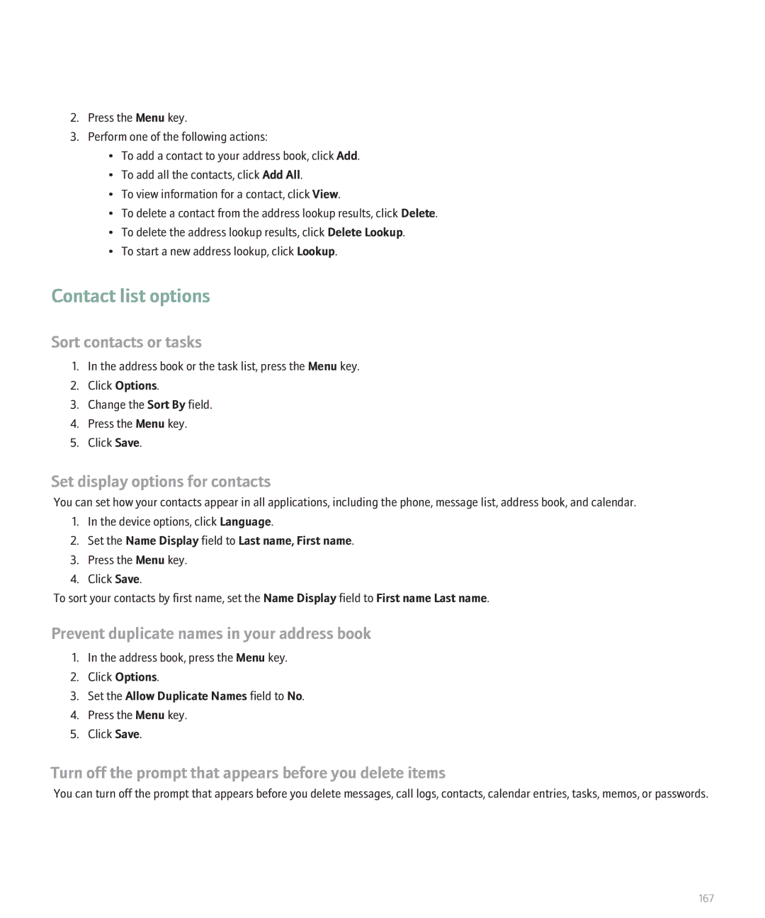 Blackberry 8130 manual Contact list options, Sort contacts or tasks, Set display options for contacts 