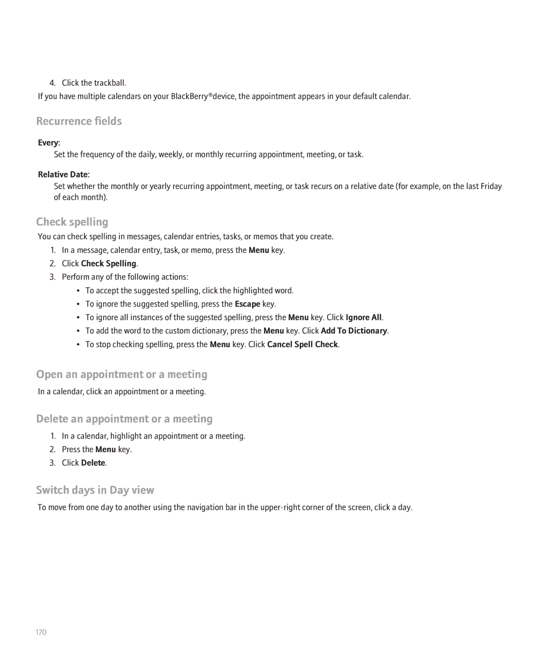 Blackberry 8130 manual Recurrence fields, Open an appointment or a meeting, Delete an appointment or a meeting 