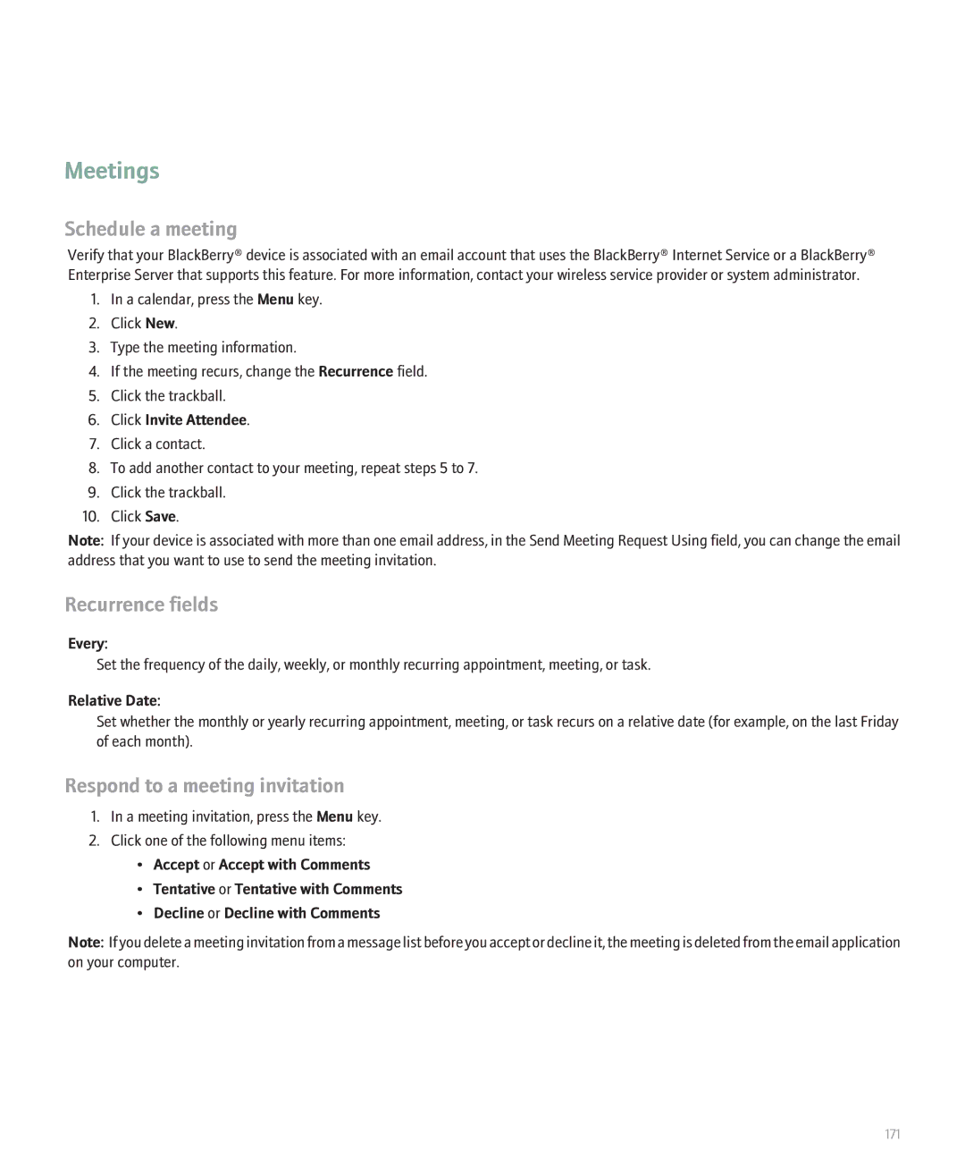 Blackberry 8130 manual Meetings, Schedule a meeting, Respond to a meeting invitation, Click Invite Attendee 